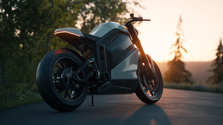 Sleek Electric Motorcycle parked during sunrise, showcasing modern design and elegant aestheticsの素材