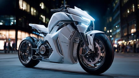 Sleek white futuristic motorcycle parked on a city street at night.の素材