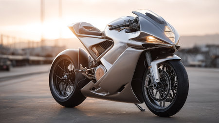 Futuristic Silver Motorcycle on Concrete Against Sunset Sky, Advanced Vehicle Designの素材