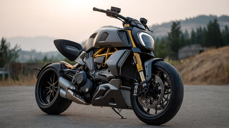 Sleek Ducati Diavel Motorcycle Displayed Against a Scenic Mountain Backdropの素材