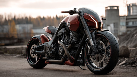 Striking Custom Motorcycle: Bold Design and Powerful Engine Outdoors at Duskの素材