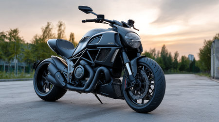 Powerful Ducati Diavel Motorcycle Displayed Outdoors During Golden Hour Sunsetの素材