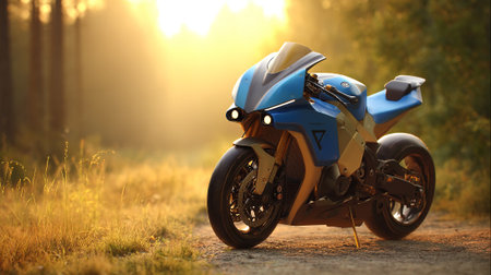 Sleek Blue Motorcycle Gleaming in the Warm Light of a Rural Roadの素材