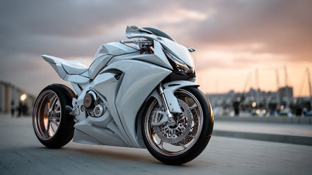 Sleek white motorcycle parked against a blurred marina backdrop at sunset.の素材