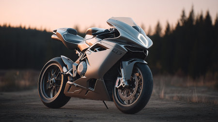 Sleek Gray Motorcycle Parked on Dirt Road with Forest Background at Sunsetの素材