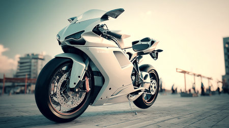 Sleek white motorcycle parked on the plaza under the warm sky light.の素材