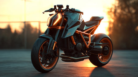 Powerful KTM Motorcycle Radiating Speed and Style Against a Golden Sunset Backdropの素材