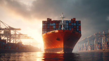 Giant container ship approaching port with cargo on deck under cloudy sky.の素材