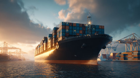 Massive Container Ship at Port Ready for Global Logistics Operationsの素材