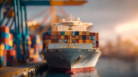 Majestic container ship ready for global commerce against a vibrant city backdrop.の素材