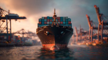 Massive container ship loaded with containers arriving at a port facilityの素材