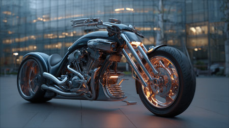 Striking chrome motorcycle glistens against modern building backdrop under the dim light.の素材