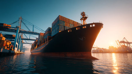 Cargo ship at harbor during sunrise, showcasing global trade and logistic infrastructure.の素材