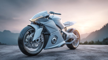 Sleek Futuristic Motorcycle Design Concept on a Concrete Surface with Mountain Viewの素材