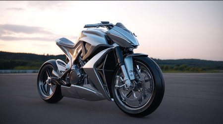 Futuristic Motorcycle Concept Design, Standing on Asphalt Under a Softly Lit Skyの素材
