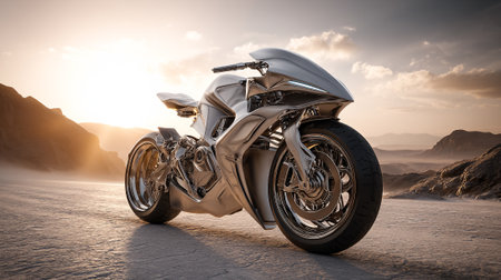 Futuristic Chrome Motorcycle on a Desert Landscape Under Golden Sunsetの素材
