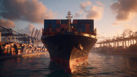 Large Container Ship Approaching Dock in the Evening Lightの素材