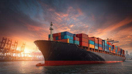 Massive container ship laden with cargo at sunset for international tradeの素材