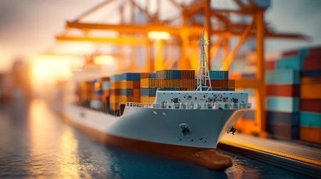 Majestic cargo ship docked at port with containers under golden sunset glowの素材