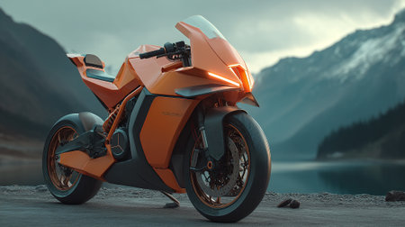 Orange futuristic motorcycle parked outdoors overlooking a serene lake and mountains.の素材