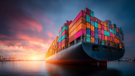 Vibrant Cargo Ship Sailing into the Sunset Port Scene with Containersの素材