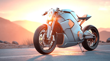 Sleek Futuristic Motorcycle Glides Through Golden Sunset, A Stylish and Modern Rideの素材
