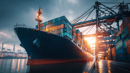 Expansive container ship in a busy port awaiting offloading and global transitの素材