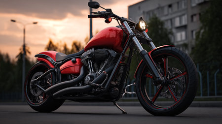 Stunning Red Motorcycle at Sunset: Road Adventure and Freedomの素材