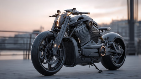 Futuristic Motorcycle Design Displayed in an Urban Environment at Duskの素材