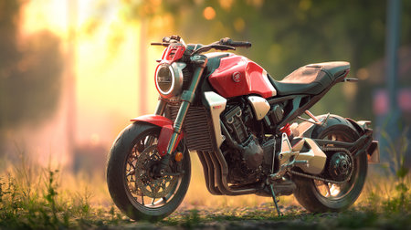 Sleek Red Motorcycle Parked on Grassy Terrain with Soft Sunset Lightの素材