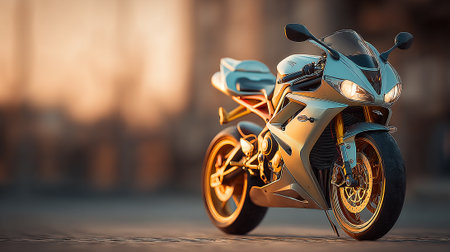 Golden Hour Motorcycle: Sleek Design and Captivating Detail Showcaseの素材