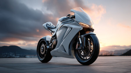 Modern motorcycle design showcasing a high-performance bike against a stunning sunset.の素材