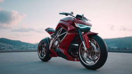 Sleek futuristic red motorcycle with glowing headlights parked outdoors at sunset.の素材
