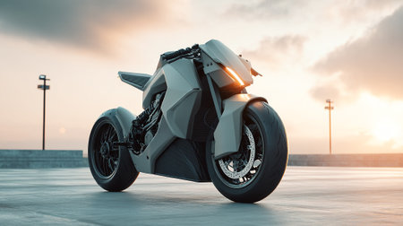 Futuristic Motorcycle on a Rooftop Parking Lot at Sunset, Evoking Speed and Innovationの素材