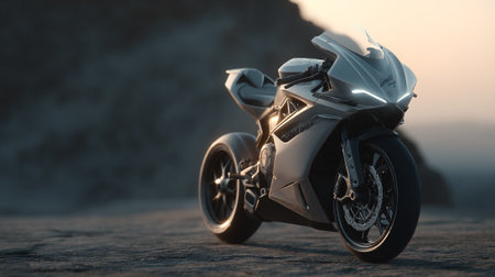Modern Motorcycle Design: A Powerful Machine Posing in a Dusty Desertの素材