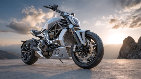 Modern motorcycle under sunset on concrete with mountains in the background.の素材