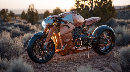 Futuristic Copper Motorcycle in Desert Landscape, Showcasing Advanced Engineering and Designの素材