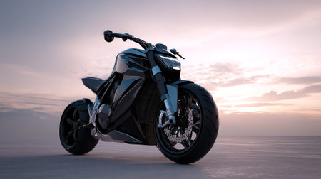 Sleek futuristic motorcycle at dusk, embodying speed and innovation under pastel skiesの素材