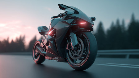 Sleek Black Motorcycle on Road at Dusk with Glowing Red Accentsの素材