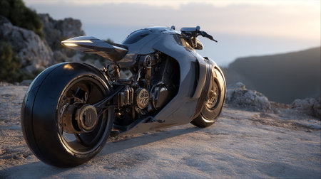 Futuristic Motorcycle on Mountain Plateau with Stunning Scenery and Evening Sunの素材