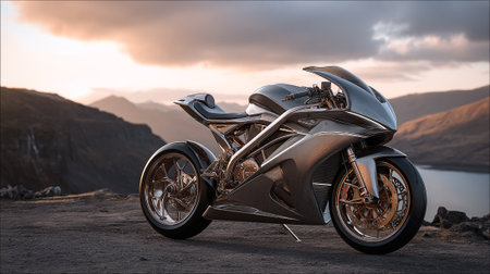 Sleek Carbon Fiber Motorcycle Parked on Mountain Peak at Sunset Displaying Cutting-Edge Designの素材