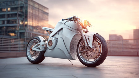Sleek and futuristic white motorcycle parked stylishly with urban skyline view.の素材
