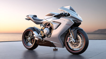 Sleek Silver Motorcycle on Display with a Stunning Sunset Background Near the Coastlineの素材