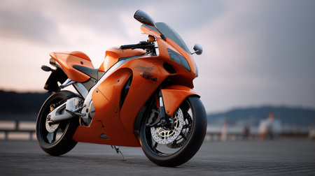 Striking Orange Motorcycle Stands Ready for Adventure on an Empty Roadの素材