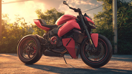 Sleek Red Motorcycle parked on Asphalt Road at Sunset with Treesの素材