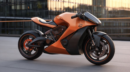 Sleek orange motorcycle futuristic design for tranation showcasing innovation in urban landscapeの素材