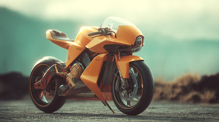 Futuristic orange motorbike parked on weathered asphalt, a symbol of innovation and speedの素材