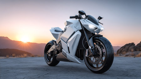 Sleek white motorcycle poised against a breathtaking sunset vista of mountains.の素材