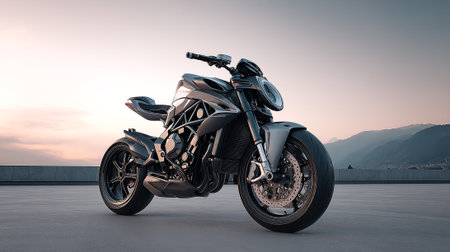 Sleek Silver Motorcycle Against Mountain Sunset Sky for Automotive Lifestyleの素材