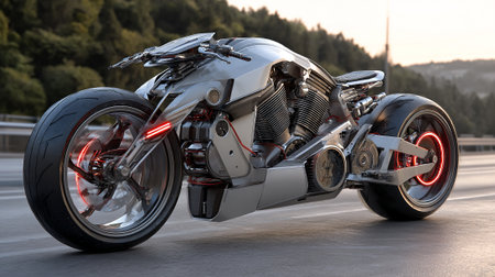 Futuristic Silver Motorcycle on Asphalt Road with Forest and Mountain Backdropの素材